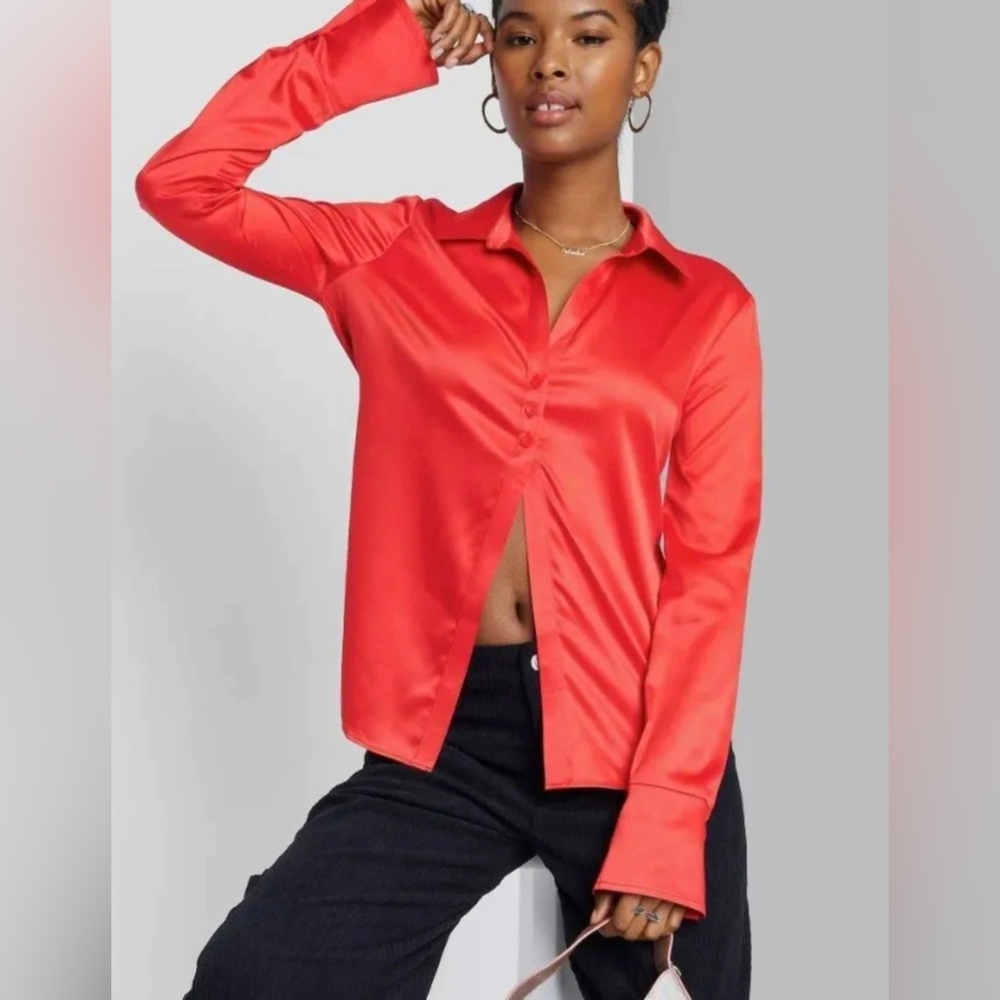 Wild Fable Satin Button Down Blouse with Cuffs and Rounded Bottom